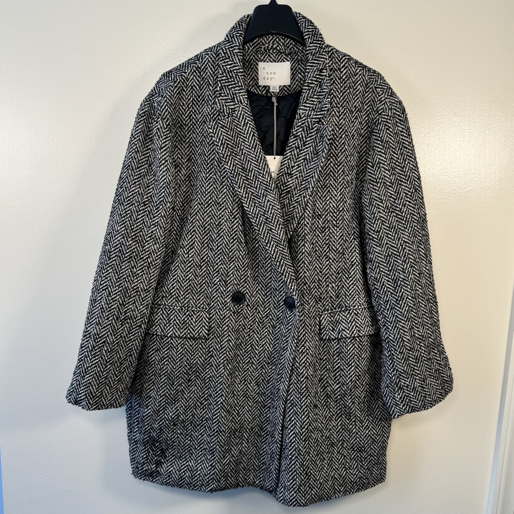 A New Day Black and White Herringbone Top Coat Women's Sz XXL NWT Button Up
